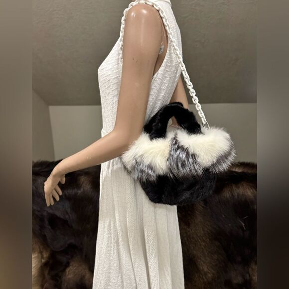 Black & White, Real Mink Fur with Fox Fur Trimming Top Handle & Multi Use Purse - Picture 2 of 16